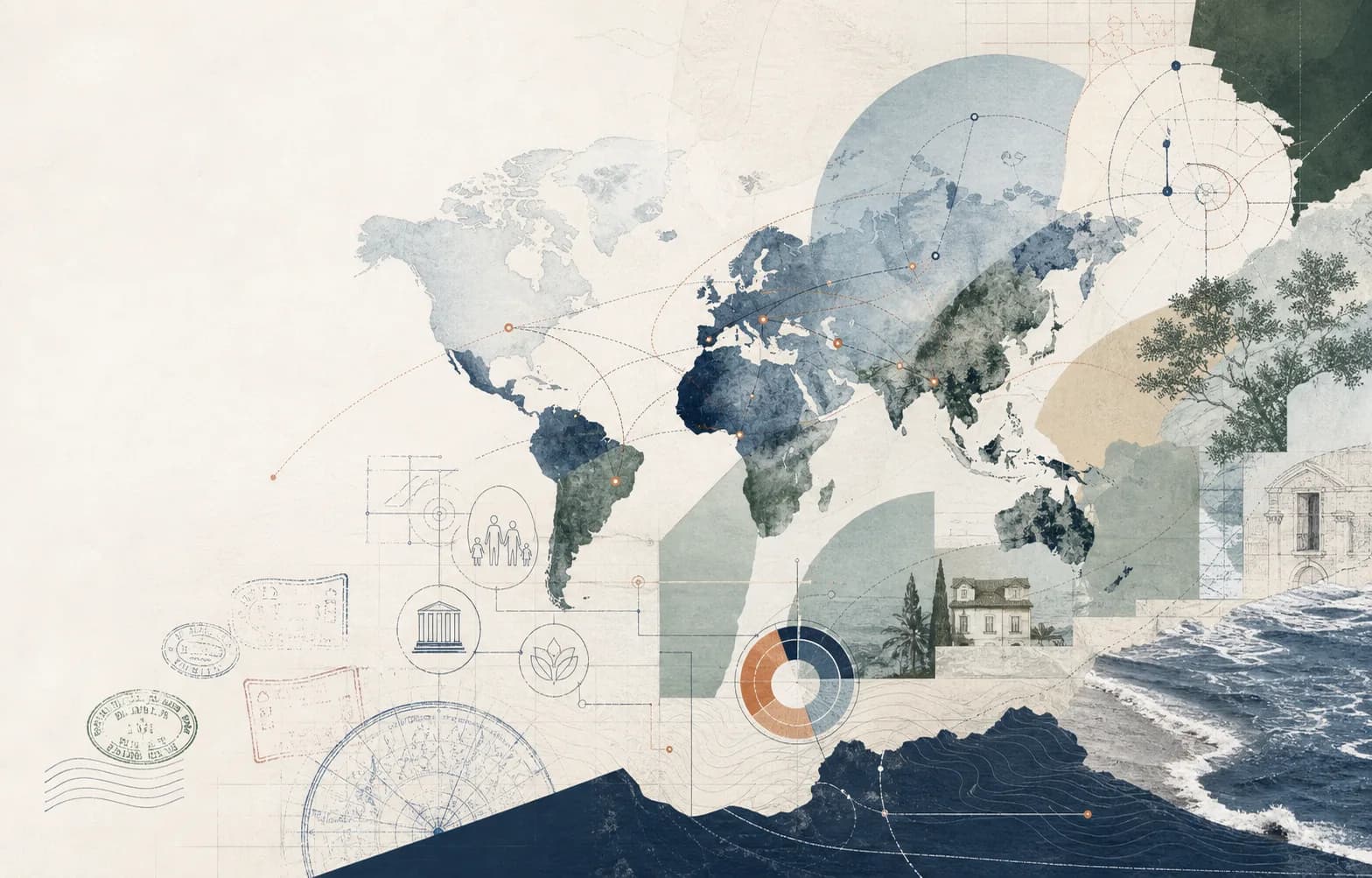 Abstract cross-border map collage with residency lines, financial symbols, and coastal geography