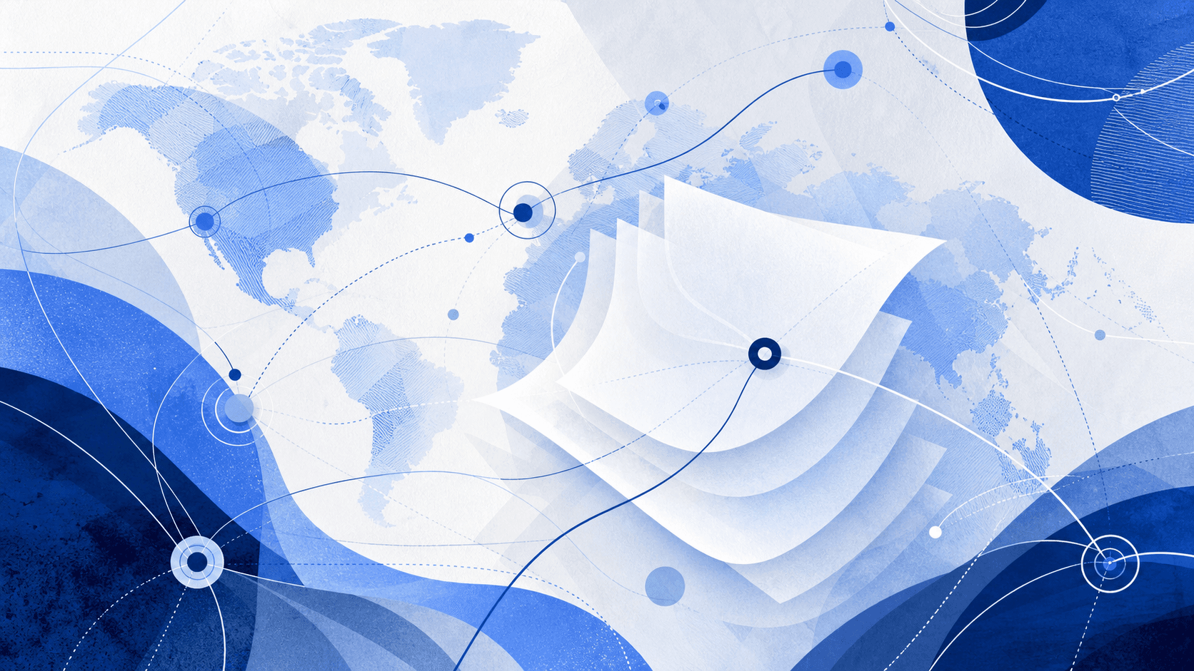 Abstract blue cross-border coordination map with document routes, adviser handoffs, and banking review layers
