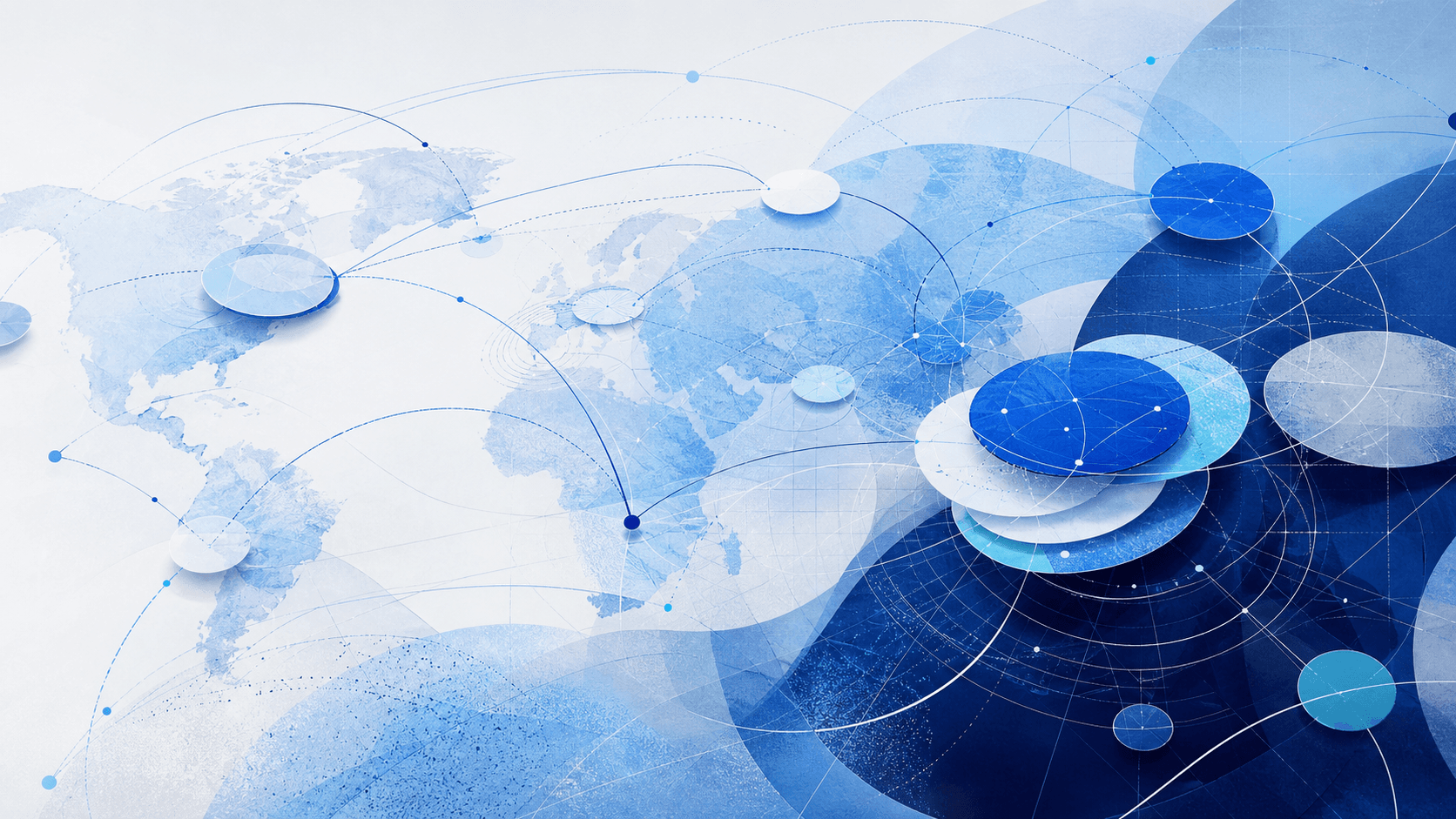 Abstract blue cross-border operating map with layered currency flows and country obligations